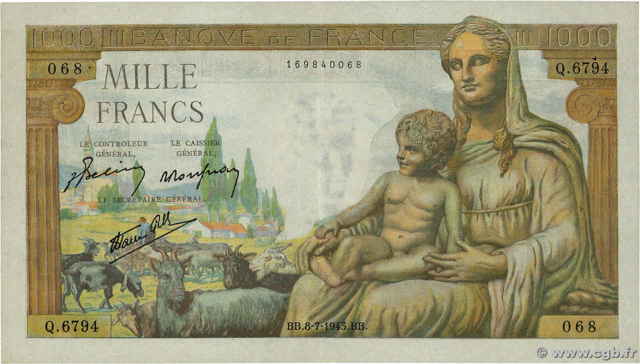 1000 Francs DÉESSE DÉMÉTER FRANCIA  1943 F.40.29 MBC+