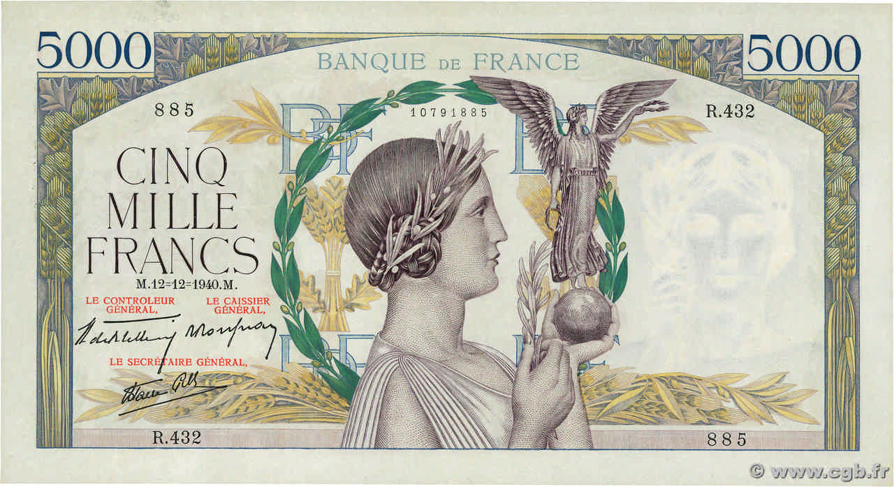 5000 Francs VICTOIRE Impression à plat FRANCE  1940 F.46.16 XF