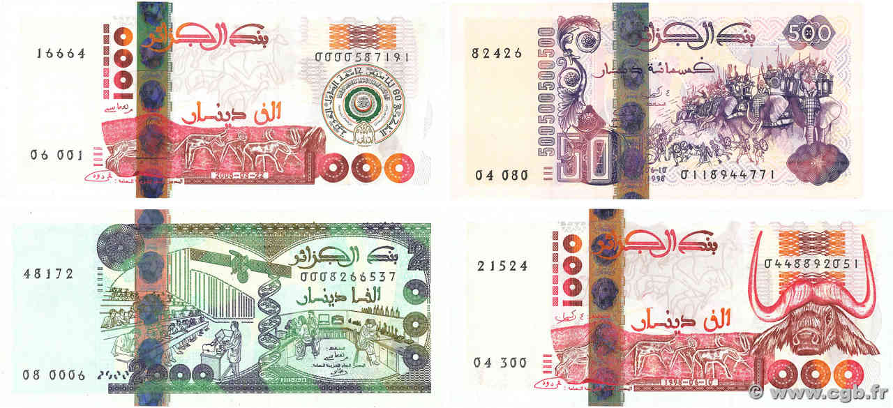 500, 1000 et 2000 Dinars Lot ALGÉRIE  2011 P.141, P.142b, P.143 et P.144 SPL+