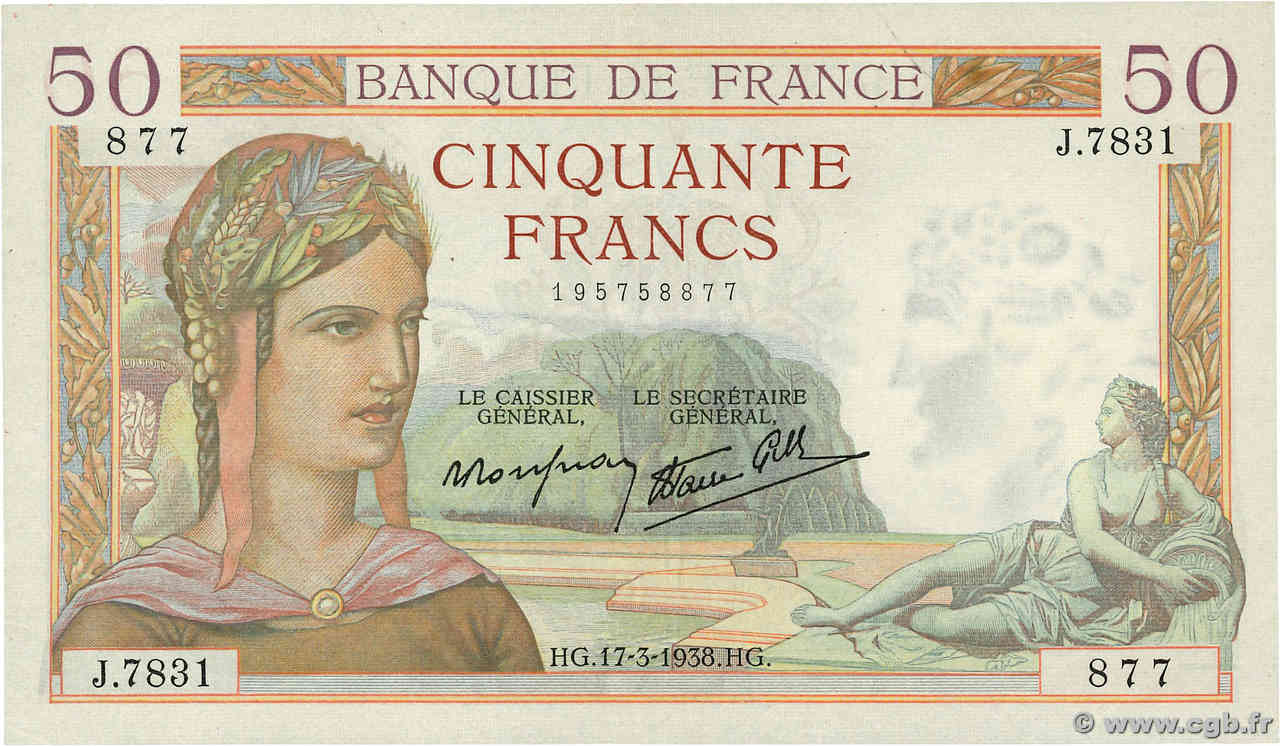 50 Francs CÉRÈS modifié FRANKREICH  1938 F.18.10 fVZ