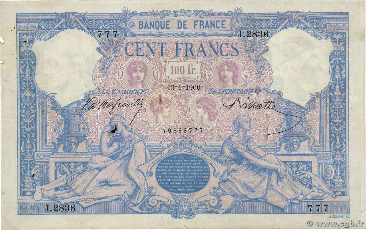 100 Francs BLEU ET ROSE FRANCE  1900 F.21.13 pr.TB