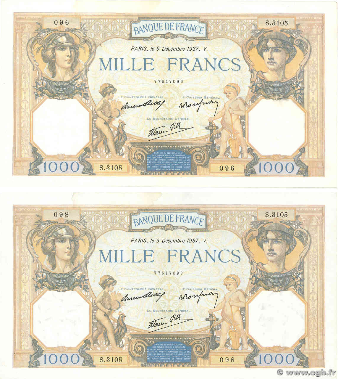 1000 Francs CÉRÈS ET MERCURE type modifié Consécutifs FRANCE  1937 F.38.06 VF