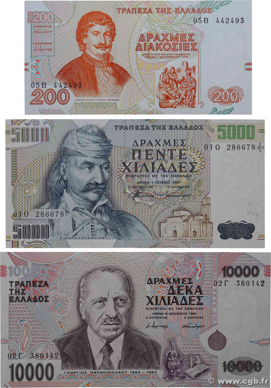 200, 5000 et 10000 Drachmes Lot GREECE  1995 P.204a, P.205a, P.206a AU+
