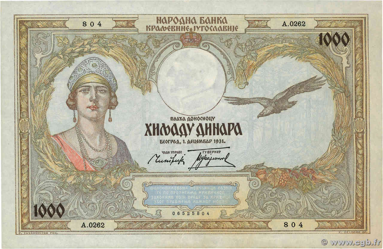 1000 Dinara YUGOSLAVIA  1931 P.029 SPL+