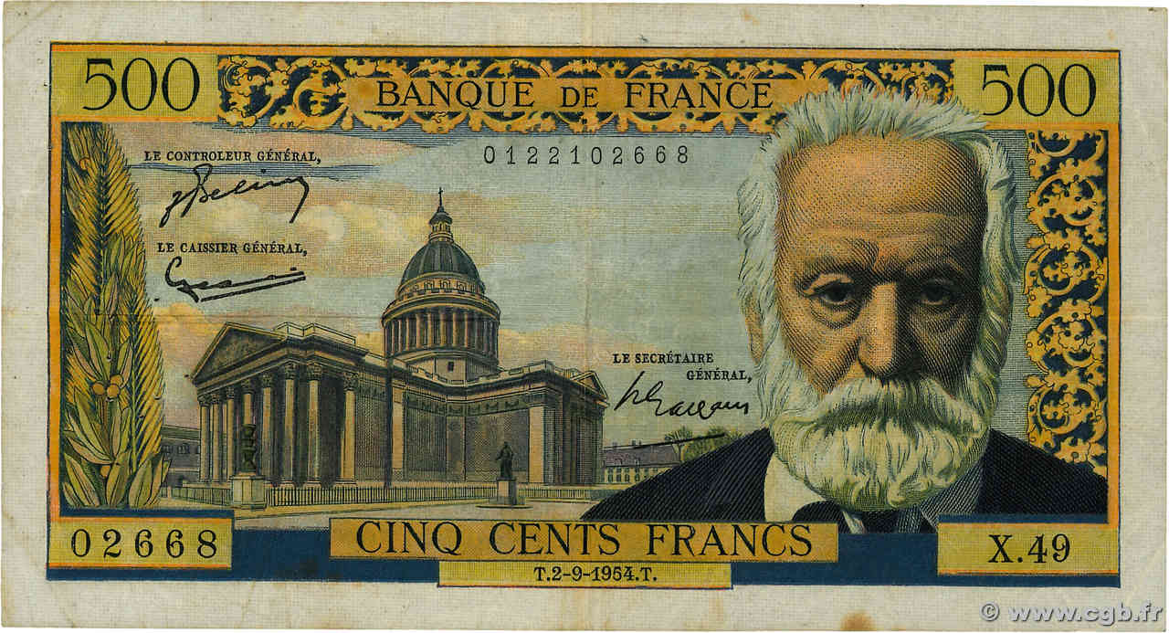 500 Francs VICTOR HUGO FRANCIA  1954 F.35.03 q.BB