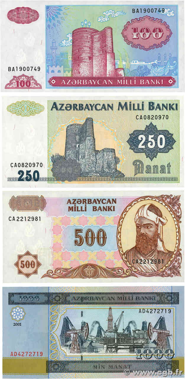 100, 250, 500  et 1000 Manat Lot AZERBAIDJAN  1992 P.13b, P.18b,  P.19b et P.23 NEUF