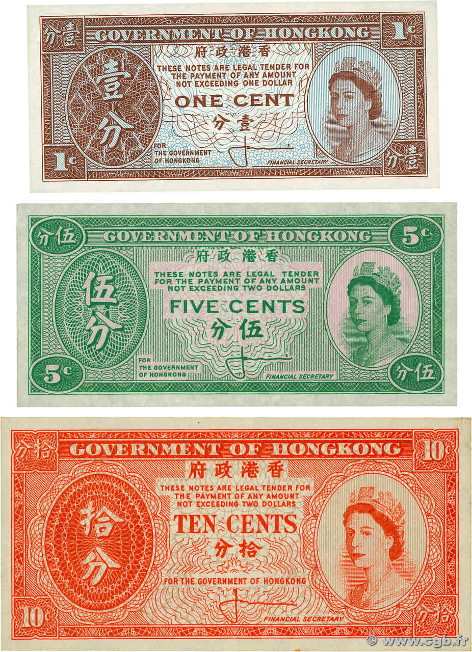 1, 5 et 10 Cents Lot HONG-KONG  1961 P.325b P.326 et P.327 SC+