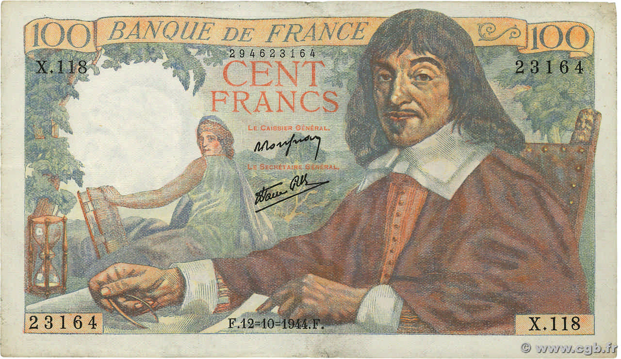 100 Francs DESCARTES FRANCE  1944 F.27.08 SUP