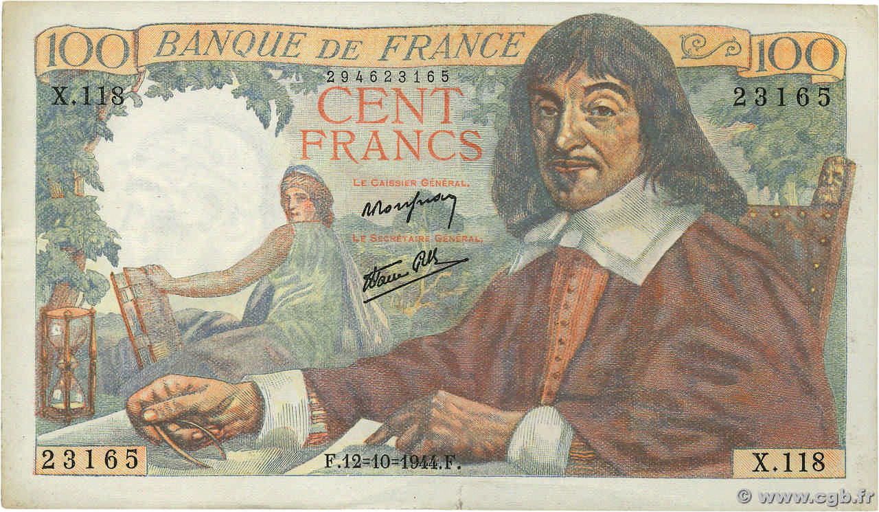 100 Francs DESCARTES FRANCE  1944 F.27.08 SUP