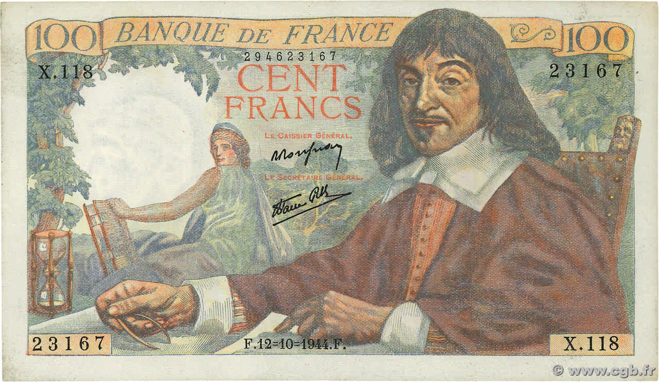 100 Francs DESCARTES FRANCE  1944 F.27.08 SUP+