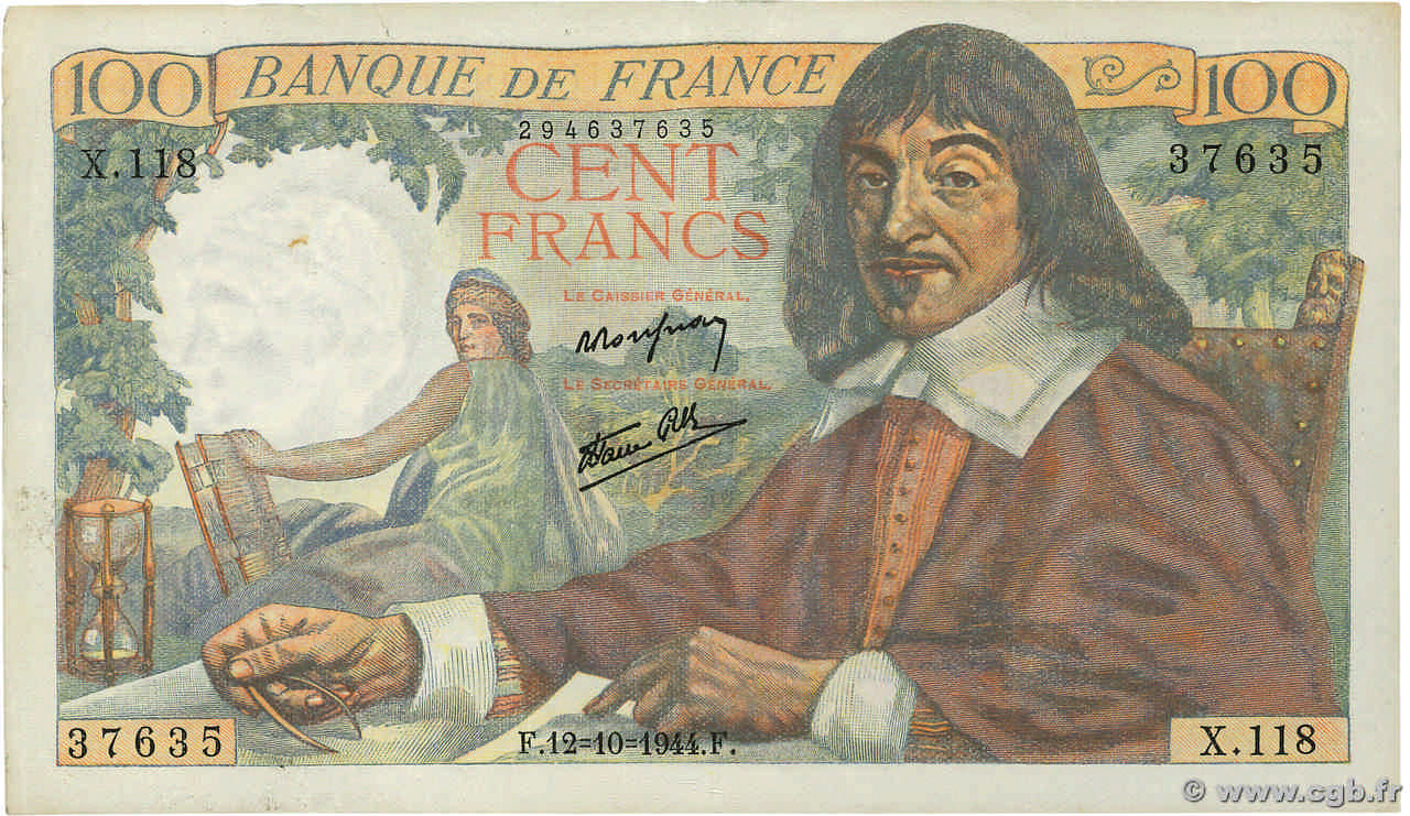 100 Francs DESCARTES FRANCE  1944 F.27.08 TTB+