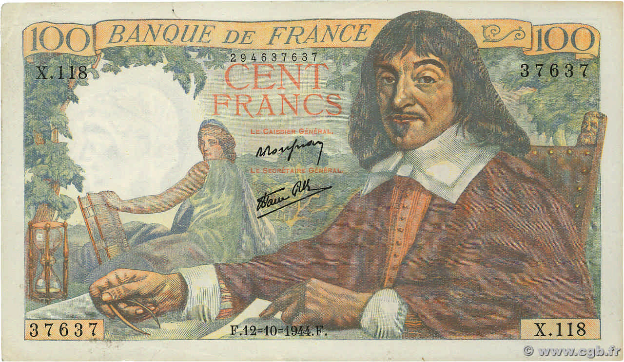 100 Francs DESCARTES FRANCE  1944 F.27.08 TTB+