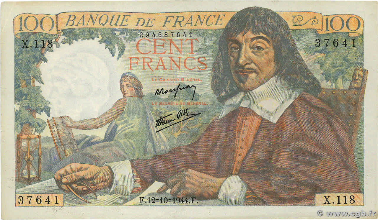 100 Francs DESCARTES FRANCE  1944 F.27.08 pr.SUP