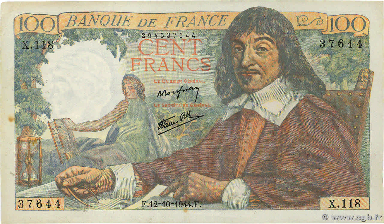 100 Francs DESCARTES FRANCE  1944 F.27.08 SUP