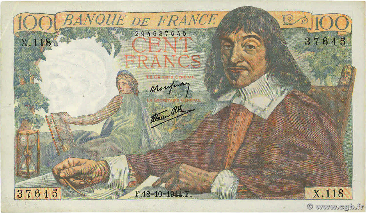 100 Francs DESCARTES FRANCE  1944 F.27.08 SUP+