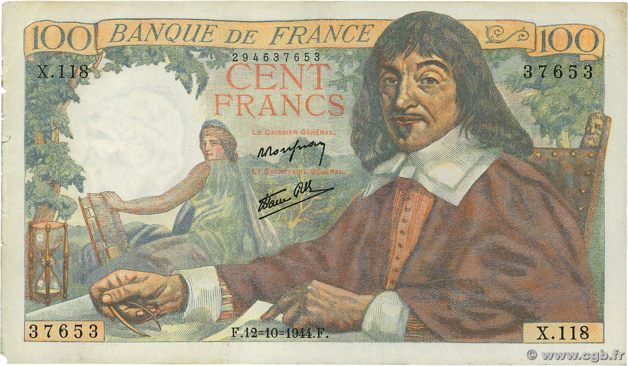 100 Francs DESCARTES Grand numéro FRANCE  1944 F.27.08 pr.SUP