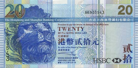 20 Dollars HONG KONG  2003 P.207a UNC-