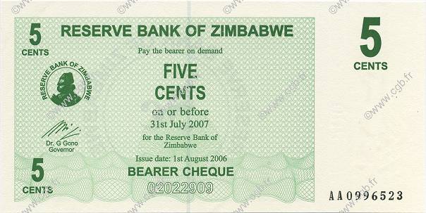 5 Cents ZIMBABWE  2006 P.34 UNC