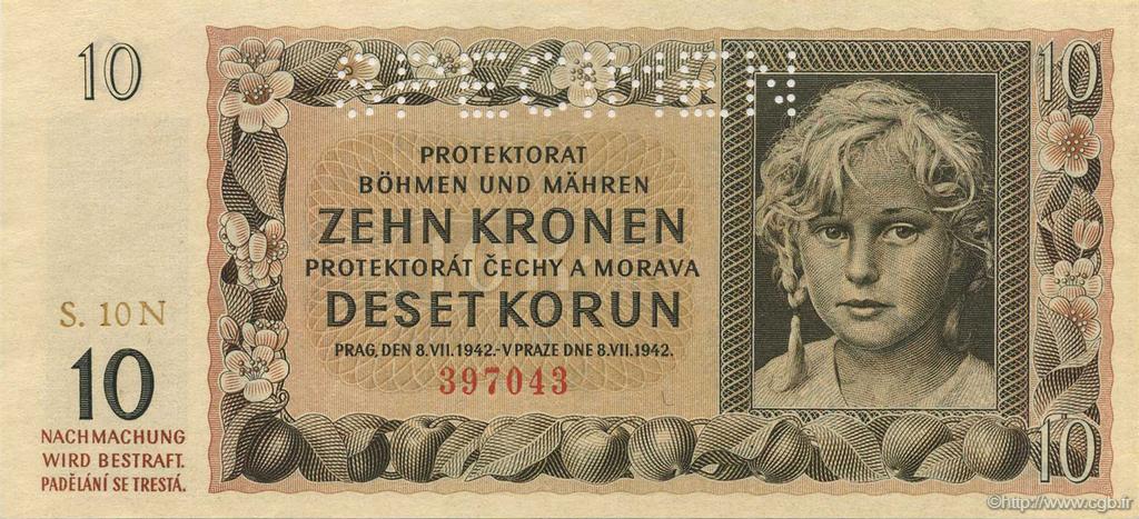 10 Korun Spécimen BOHEMIA & MORAVIA  1942 P.08s UNC