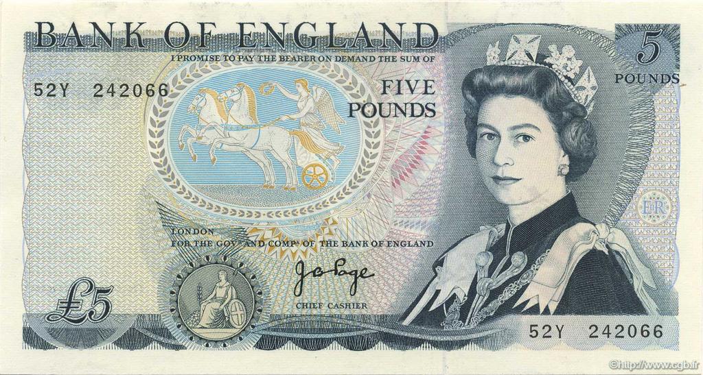 5 Pounds ENGLAND  1973 P.378b AU+