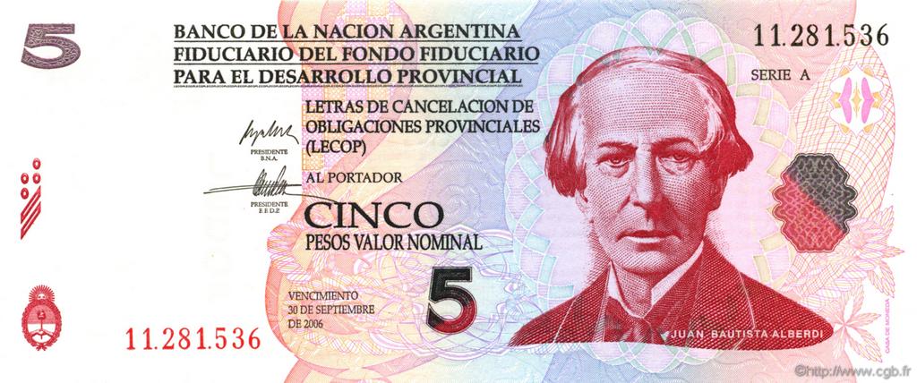5 Pesos Valor Nominal ARGENTINA  2006 P.-- UNC