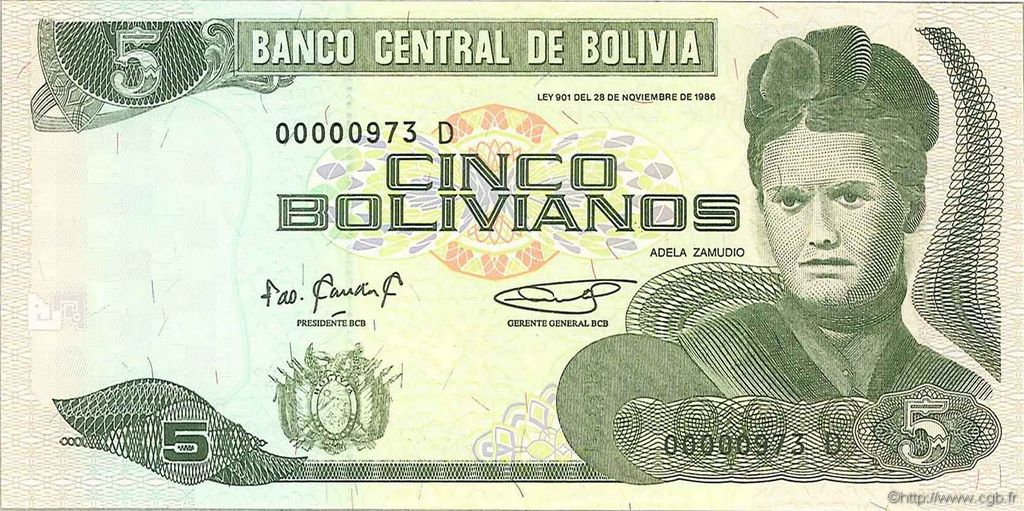 5 Bolivianos BOLIVIA  1995 P.217 UNC
