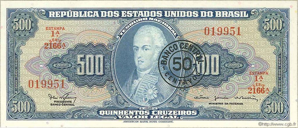 50 Centavos sur 500 Cruzeiros BRASILIEN  1967 P.186a ST