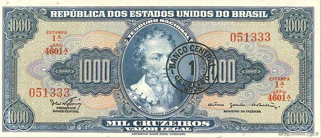 1 Cruzeiro Novo sur 1000 Cruzeiros BRAZIL  1966 P.187b UNC