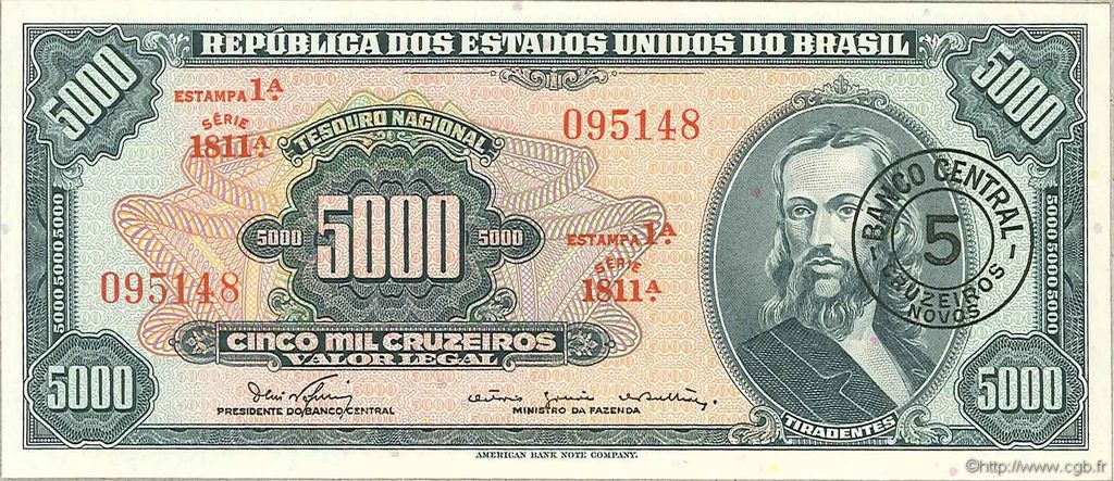 5 Cruzeiros Novos sur 5000 Cruzeiros BRAZIL  1966 P.188b UNC