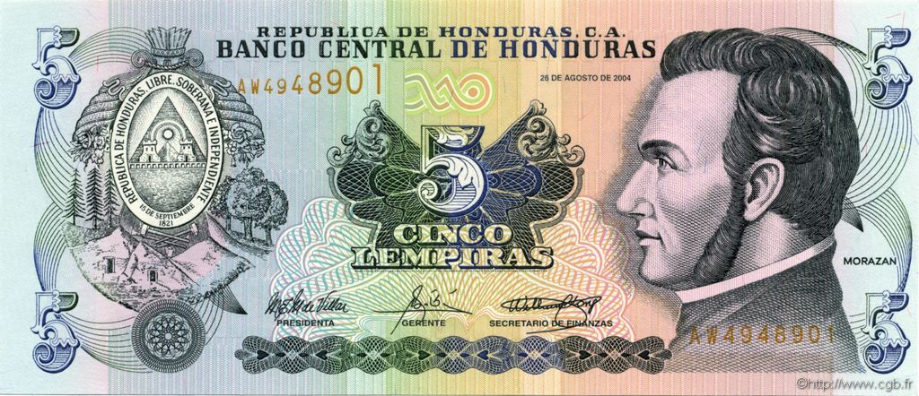 5 Lempiras HONDURAS  2004 P.085d UNC
