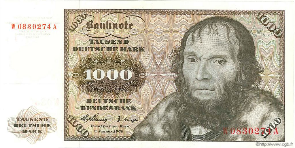1000 Deutsche Mark GERMAN FEDERAL REPUBLIC  1960 P.24a VZ+