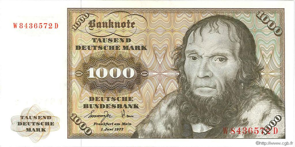 1000 Deutsche Mark GERMAN FEDERAL REPUBLIC  1977 P.36a AU-