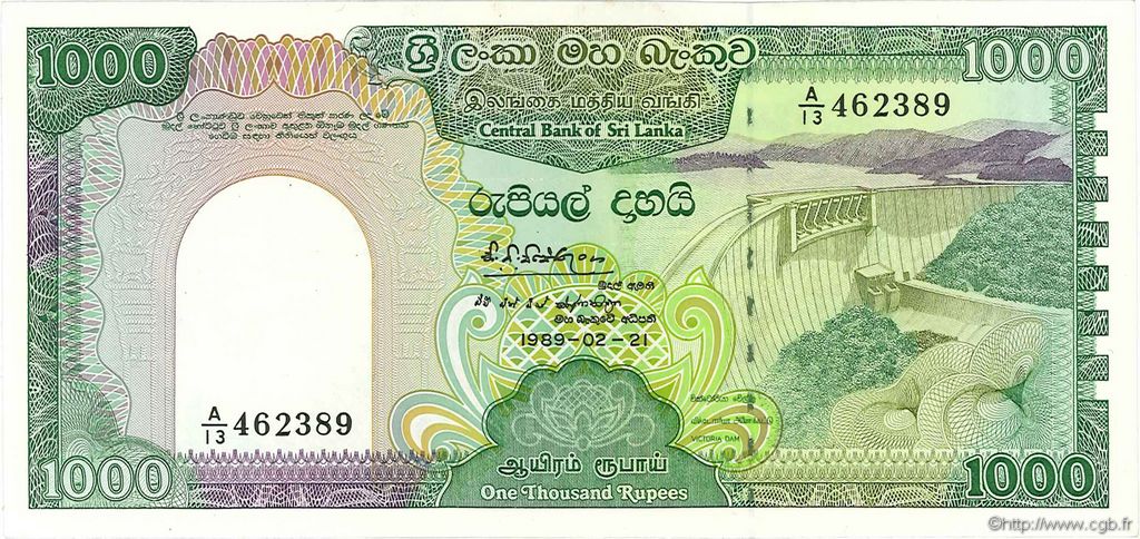 1000 Rupees SRI LANKA  1989 P.101b UNC-