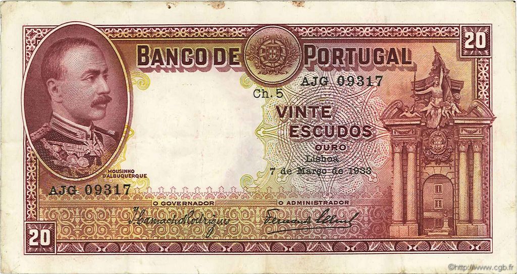 20 Escudos PORTUGAL  1933 P.143 BC+