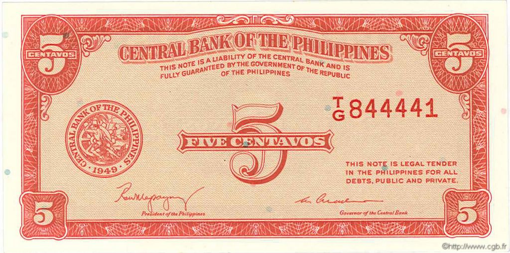5 Centavos PHILIPPINEN  1949 P.126a ST