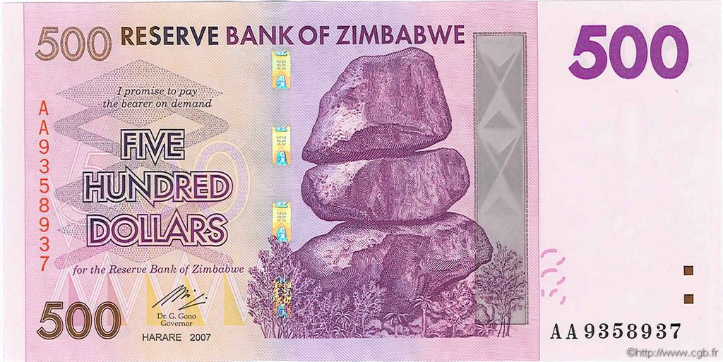 500 Dollars ZIMBABWE  2007 P.70 pr.NEUF