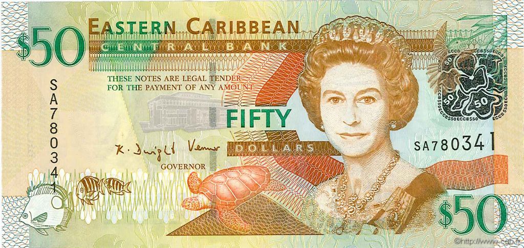 50 Dollars  EAST CARIBBEAN STATES  2008 P.50 SC+