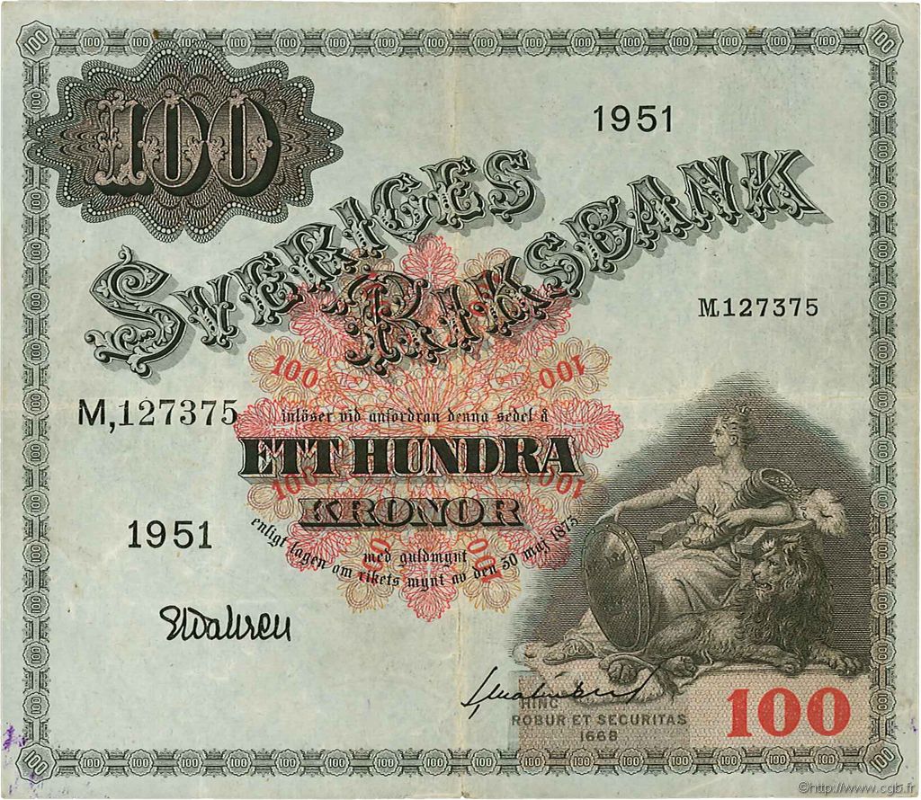100 Kronor SWEDEN  1951 P.36ag VF
