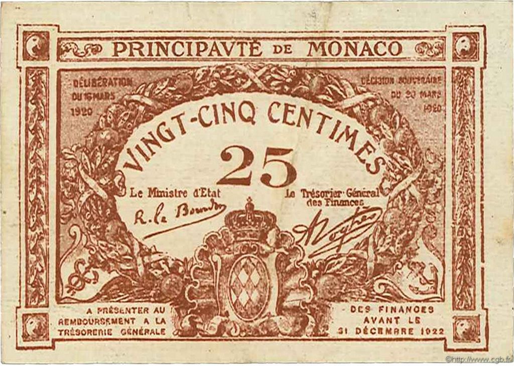 25 Centimes marron MONACO  1920 P.01a BB