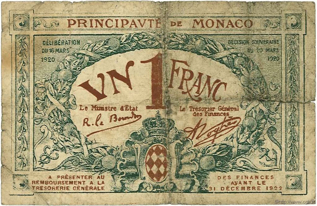 1 Franc MONACO  1920 P.05 q.B