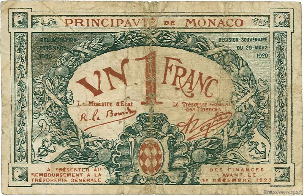 1 Franc MONACO  1920 P.05 G