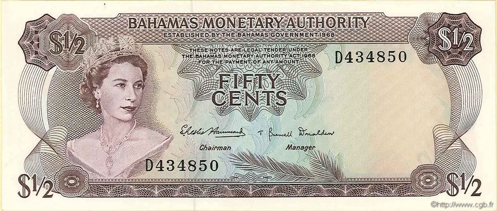 50 Cents BAHAMAS  1968 P.26a AU