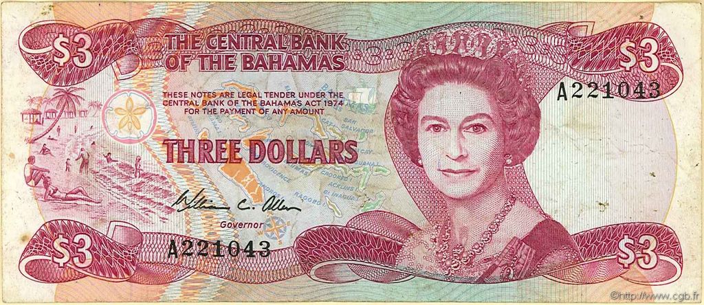 3 Dollars BAHAMAS  1984 P.44a TB