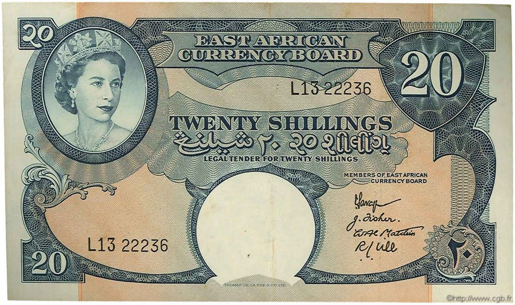 20 Shillings EAST AFRICA (BRITISH)  1958 P.39 VF