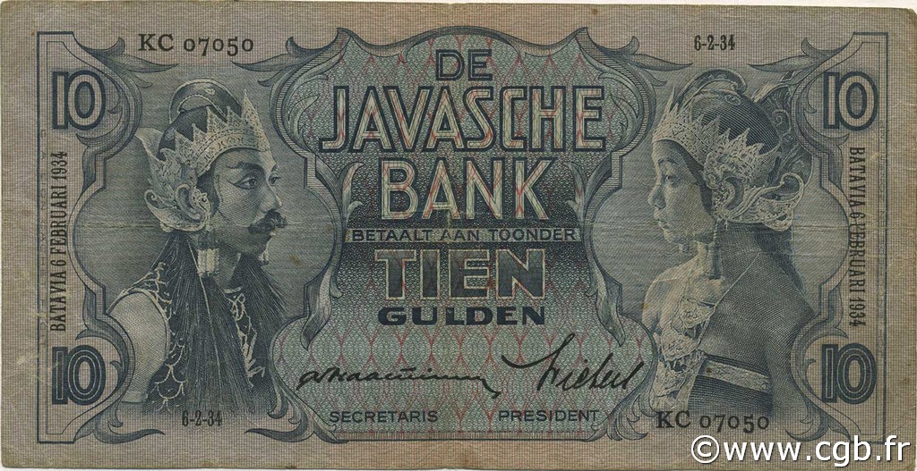 10 Gulden NETHERLANDS INDIES  1934 P.079a F