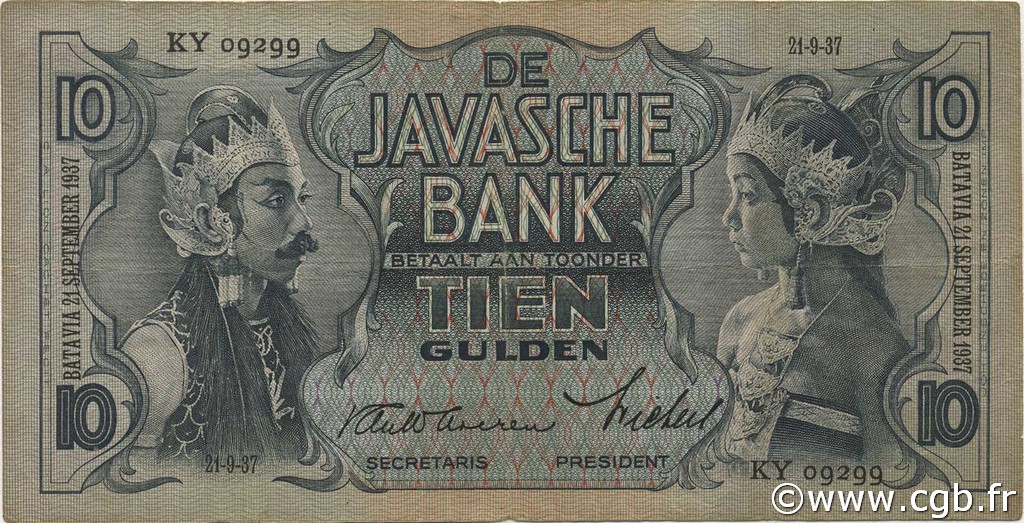 10 Gulden INDIE OLANDESI  1937 P.079b q.BB