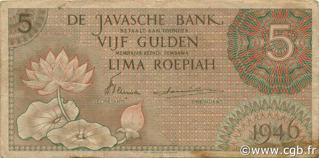 5 Gulden NIEDERLÄNDISCH-INDIEN  1946 P.088 fSS