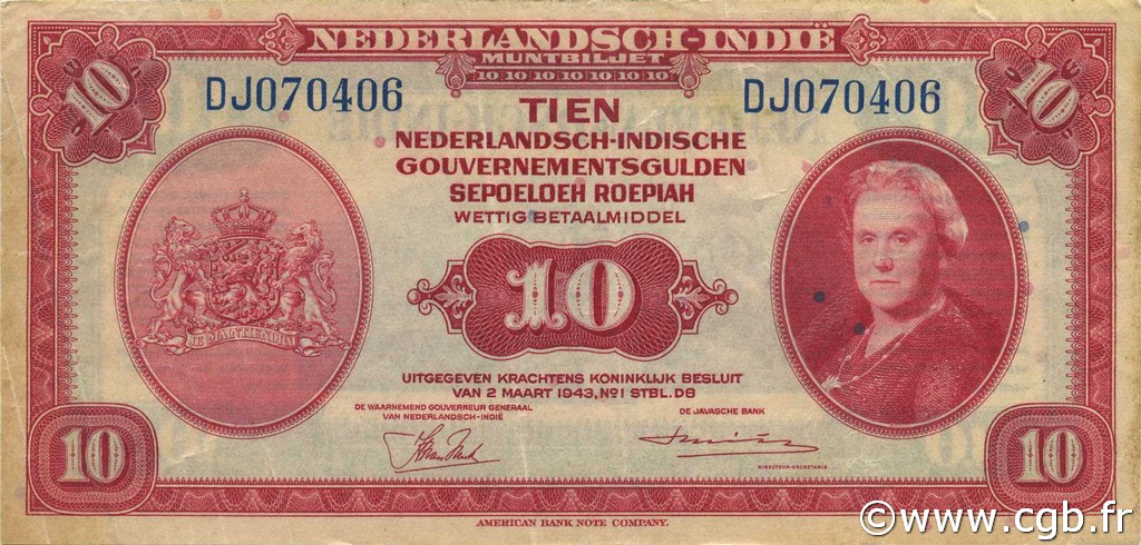 10 Gulden NETHERLANDS INDIES  1943 P.114a VF