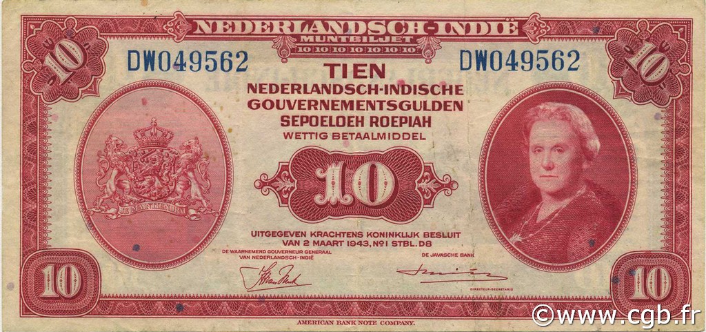 10 Gulden NETHERLANDS INDIES  1943 P.114a VF+