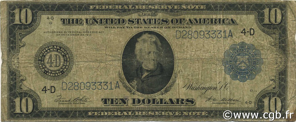 10 Dollars VEREINIGTE STAATEN VON AMERIKA  1914 P.360b fSGE